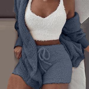 Tute da donna Tuta da donna Primavera Tre pezzi Sexy Peluche Abiti soffici Cappotto con cappuccio in velluto Pantaloncini Crop Top Set Abbigliamento