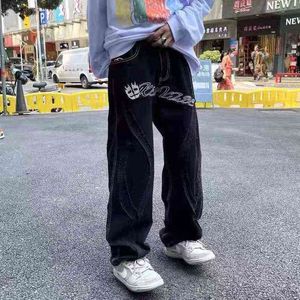 Harajuku randig lapptäcke skalle broderi retro mens jeans byxor överdimensionerad rak vibe stil casual denim byxor streetwear t220803