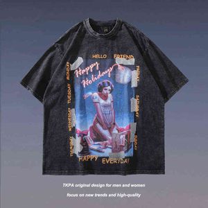 Men s T Shirts Tkpa American street Vintage Poster printed short sleeve men s fashion brand oversize top