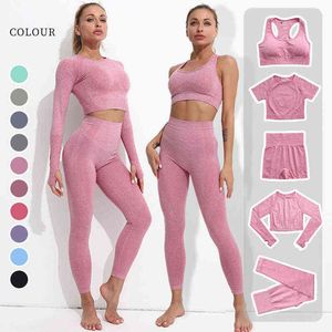 New Seamless Knitted Yoga Suits Gym Workout Collecting Bras Long Short Sleeves Outdoor Running Shorts Women Leggings Sports Set J220706