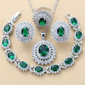 925 Mark Luxurious Dubai Bridal Big Jewelry Sets Green Cubic Zircon Sunflower Earrings Halsband Armband och ringuppsättningar 220726