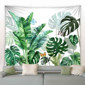 Tropical Plants Leaves Tapestry Palm Banana Leaf Monstera Butterfly Watercolor Print Wall Hanging Modern Home Room Garden Decor J220804