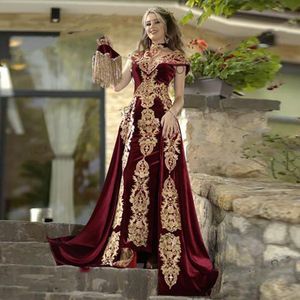 Elegant Kaftan Burgundy Velvet Evening Dresses Arabiska Dubai Robes de Soiree 2 Pieces Set Cap Sleeve V-Neck Formell Party Gowns Kvinnor Mottagning Klänning Prom Klänningar