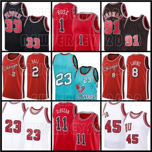 45 23 Michael Jersey Demar Basketbol DeRozan Zach 8 LaVine Lonzo Derrick Ball Rose Scottie Dennis Pippen Rodman Retro Chicagos 1995 1996 Ness Erkekler Boğa Formaları