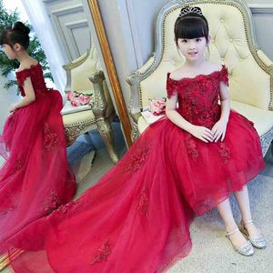 Flickans klänningar från axelapplikationer Flower Girl Party Dress Pageant Gown Red Tulle Princess Wedding Ball Kids First Communion