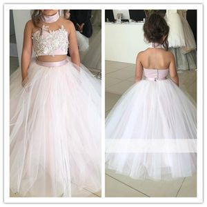 Girl's Dresses Pink 2022 Flower Girl For Weddings Ball Gown Halter Tulle Lace Pearls Long Custom Made First Communion GirlGirl's