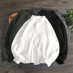 Våren Nya koreanska mode Mens Cotton White Shirts Stand Collar Long Sleeve Soft Loose Linen Touch Man Blus 4XL 5XL 210412