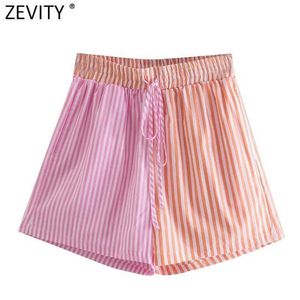 Zevity Women Fashion Patchwork randig tryck Casual Bermuda Shorts Female Chic Elastic Midje Summer Pantalone Cortos P1086 210603