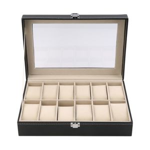 6/12 Slot Grid PU Leather Watch Display Box Jewelry Storage Organizer Case Locked Watch Display Cofanetto con colore nero T200523