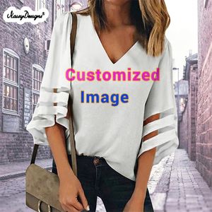 Noisydesigns индивидуальные печатные женские женские шифоновые блузки тунику модные колокольчики сетчатая панель с сеткой рубашки Ladies Mujer Dropship 220616