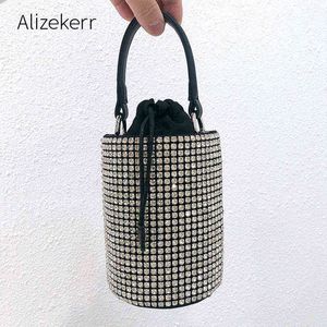 Evening Bags Shiny Rhinestone Bucket Handbag Women Korean Trend Silver Diamonds Clutch Purses and Handbags Ladies Small Shoulder Bag 220316