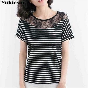 여자 검은 줄무늬 Tshirts 레이디 레이스 중공 꺼짐 면화 테스 짧은 슬리브 T 셔츠 여성 여름 상단 여성 플러스 크기 4xl 210412
