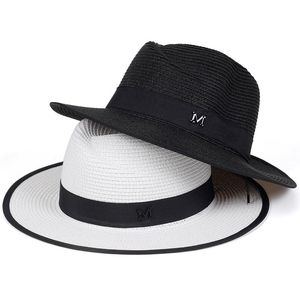 Breda randen hattar platt topp raffia halm sommarsol för kvinnor med fritid strand lady gorraswide