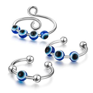 Glücks-Edelstahl-Fingerring mit blauem bösen Blick für Frauen, Geschenk, rotierende Dekompression, Anti-Angst-Türkische offene Ringe