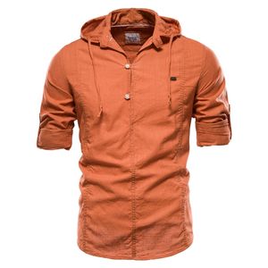 Design Camicia di lino a maniche lunghe con cappuccio da uomo Camicia da uomo tinta unita in cotone 100% di qualità per uomo Streetwear Camicie da uomo 220704