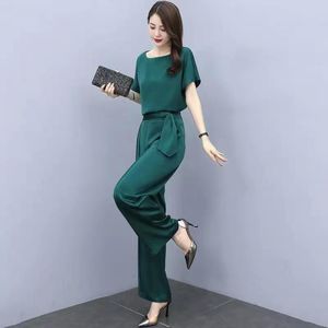 Pantaloni a due pezzi da donna Summer Pure Colour Women's Short Sleeve Wide Leg Set Slim Fashion Vertical Satin Two-piece SetWomen's