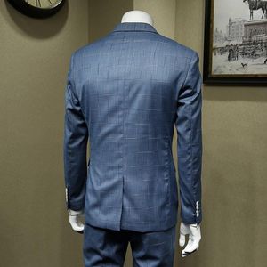 Erkek Suit Blazers Business Adam Resmi Ziyafet Partisi 3pcs Takım Mavi İnce Fit Çift Kruvaze Terno Maskulino Damat Evliliği Gelinlik