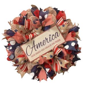 Ghirlande di fiori decorativi 4 luglio Corona della porta d'ingresso Vintage Veterans Memorial Day Segno di benvenuto Decorazioni patriottiche America Dio Capannone