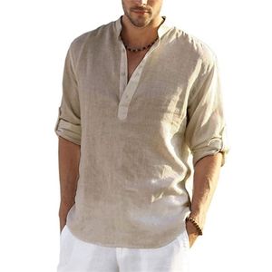 Summer Cotton Linen Men Shirts Casual Loose Long Sleeve Stand Collar Tops Blus Solid Button V-Neck Manlig skjortor Toppar 220801