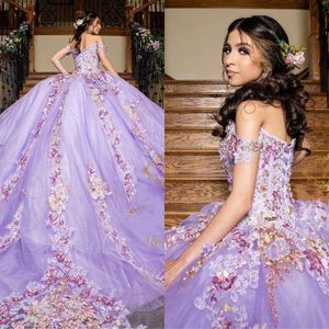 Бальное платье лаванды Quinceanera Платья с плеча Цветок Мексиканский 3D Цветочные сладкие 15 платьев Пухой юбка Vestidos 16 Anos