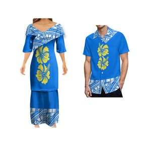 Summer Blue Design V-neck Puletasi Polynesian Samoan Traditional Tribal Printing Clothing Uniform Women Couples Dress 220706