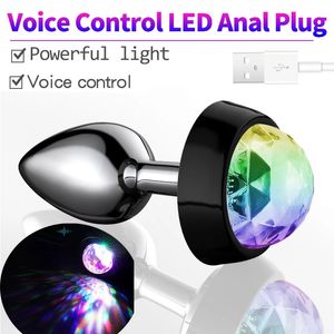Nowy kontrola głosu LED wtyczka metalowe światło analne dla par świetliste koraliki ogon BDSM erotyczne akcesoria seksowne zabawki