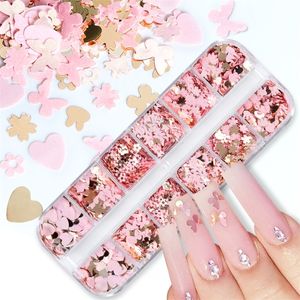 12 Grids Pink Gold Sequins Mixed Flower Decorations DIY Nail Supplies For Professionals Accessories 220630