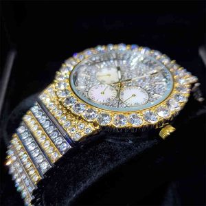 MISSFOX Three-eye Watch Men Gold and Sier Big Diamond Round Hiphop Man Wristwatch Quartz Relgio Masculino Fashion