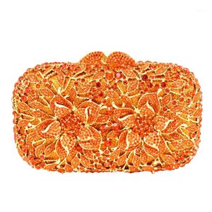 Wholesale- Flower Pattern Evening Bag Blue Crystal Orange Clutch Gold Diamond Party Purse Silver Banquet 88165