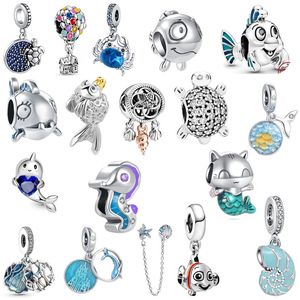 S925 Sterling Silver Charms Löst pärlor med pärlor Blue Ocean Fish Shell Women's Fashion Original Fit Pandora Armband Pendant Luxury Diy Ladies Jewelry Gift