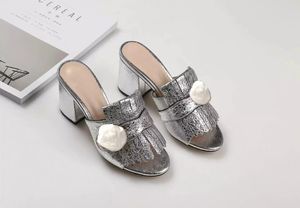 Dame Sommer Slipper Designer Sandalen Metallschnalle Leder sexy hochhackige Schuhe grobe Ferse halbe Hausschuhe große Größe 3541