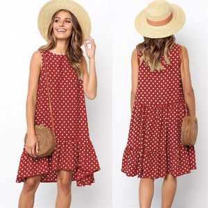 Polka dot klänning kvinnor ny sommarstrand avslappnad klänning plus storlek ärmlös gul lös aline midi klänningar vestidos kläder t200603