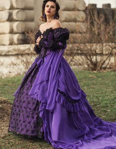 Medieval Gothic Purple Prom Dresses Plus Size Long Sleeve Lace up corset Applique Halloween Cosplay witch Evening Party Gowns