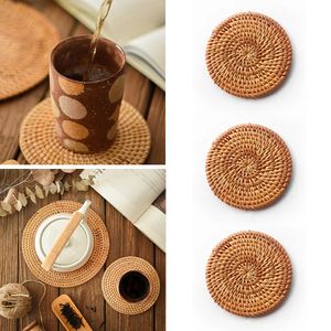 Natural Rattan Coaster Bowl Mats Round Handmade Table Padding Cup Mats Kitchen Tea Pot Placemats Insulation