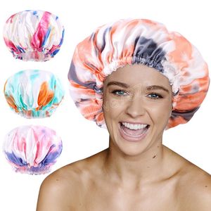 Berretto da doccia tie-dye a doppio strato Berretto da notte impermeabile da donna Cura dei capelli Cofano Forniture Cappello da bagno con fascia elastica