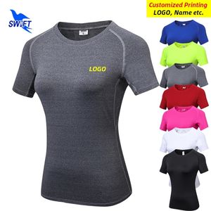Yaz hızlı kuru koşu tişört kadın elastik kısa kol yoga üstleri fitness spor salonu egzersiz spor giyim giyim özelleştir 220704