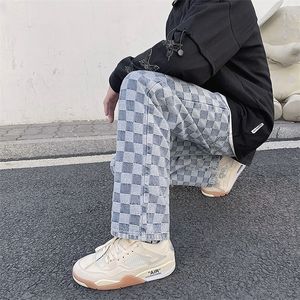 Plaid Mens Loose Straight Tube Youth Personality Long Pants Streetwear Denim Jeans Clothing Baggy Hip Hop Chequer Lattice 220328
