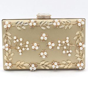 Gold Women Evening Handbags Luxury Pearls Beaded Ladies Purses Floral Evening Bags CL0465