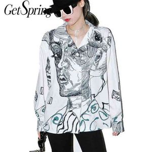 GetSpring Women Woman Blouses Shirtsプリンティングブラウス長袖ヴィンテージカラーマッチカジュアルヴィンテージホワイトサマーブラウス210401