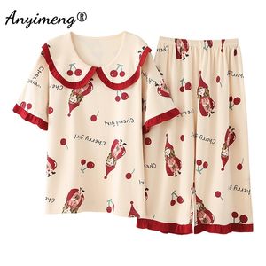 Plus Size Women Pajamas Chic Lapel Cherry Printing Cotton Sleepwear Kawaii Youth Ladies Loungewear 5xl Two Piece Pijamas Summer 220421