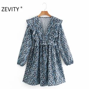 Zevity Women Fasion v Neck Flower Print Prests Mini Dress Office Ladies Leng Sleeve Casual Slim Fulfles Vestido DS4603 210303