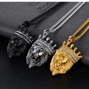 Hänge halsband Hip Hop Rock Paved Cz Stone Gold Color Rostfritt stål Animal Crown Lion Men halsband Juveligt med 24 