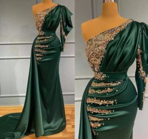 Green Mermaid Hunter Evening Dresses Sweep Train Satin Dubai Crystals Applique One Shoulder Custom Made Prom Party Gown Vestidos Side Slit Formal Ocn Wear