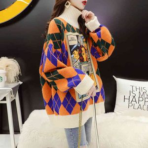 Rollkragen Frauen Pullover 2021 Herbst Winter Koreanische Retro Verdickt Mori Mädchen Chic Pullover Strick Jumper Argyle Drucken