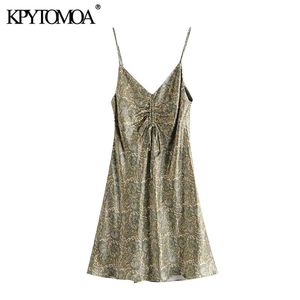 Kpytomoaの女性シックなファッション弓ペイズリープリント居心地の良いミニドレスビンテージVネック調節可能なストラップ女性ドレスMujer 220331