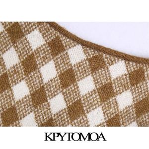 KPYTOMOA Frauen Mode Argyle Cropped Strickjacke Pullover Vintage Langarm Button-up Weibliche Oberbekleidung Chic Tops 201204