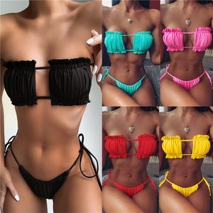 Summer Women Push Up Bikinis Set Solid Color Strapless Ruffles Bathing Suits For Women Bandage Padded Beach Swimwear Lady 220527