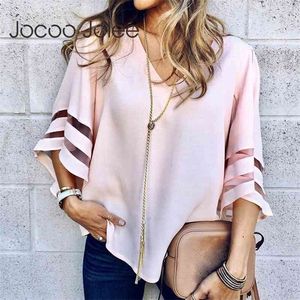 V Neck Flared Sleeves Mesh Patchwork Shirts Summer Plus Size Casual Loose Mesh Women Blouse Pink Street Womens Tops Blouses 5XL 210326
