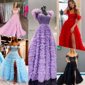 Pink Prom Dress 2k22 with Exposed Boning Side Slit Sweep Train Met Gala Pageant Gown Lavender Tiered Layers Tulle Evening Wedding Party Dress Hoco Feather Light Blue