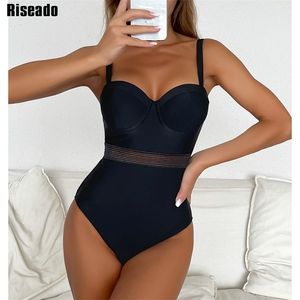 Riseado Sexig Push Up Baddräkt Mesh Insert Women's Swimewear Solid Swimming Suit for Women Underwired Bathing Suits 220505